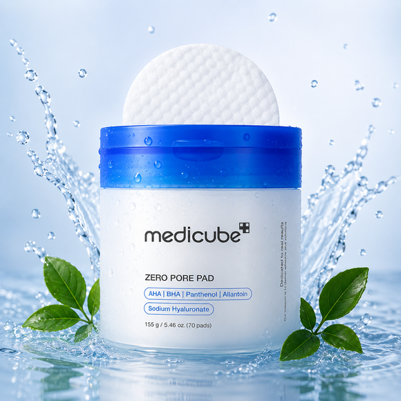 Dermora Labs Pore Refining Pads featuring a dual-textured toner pad, water splashes, and botanical elements representing hydration, pore care, and daily skincare benefits.